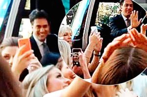 Labour leader Ed MIliband was mobbed by a Chester hen party keen for a selfie with him (Picture credit: Sunday Mirror)